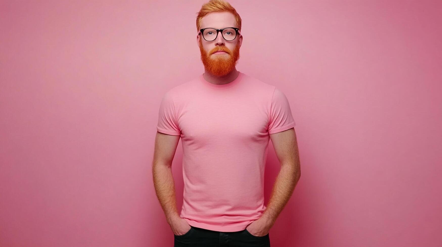 Portrait of a redhead man with glasses, wearing a pink t-shirt against a solid pink backdrop, looking directly at the camera. photo