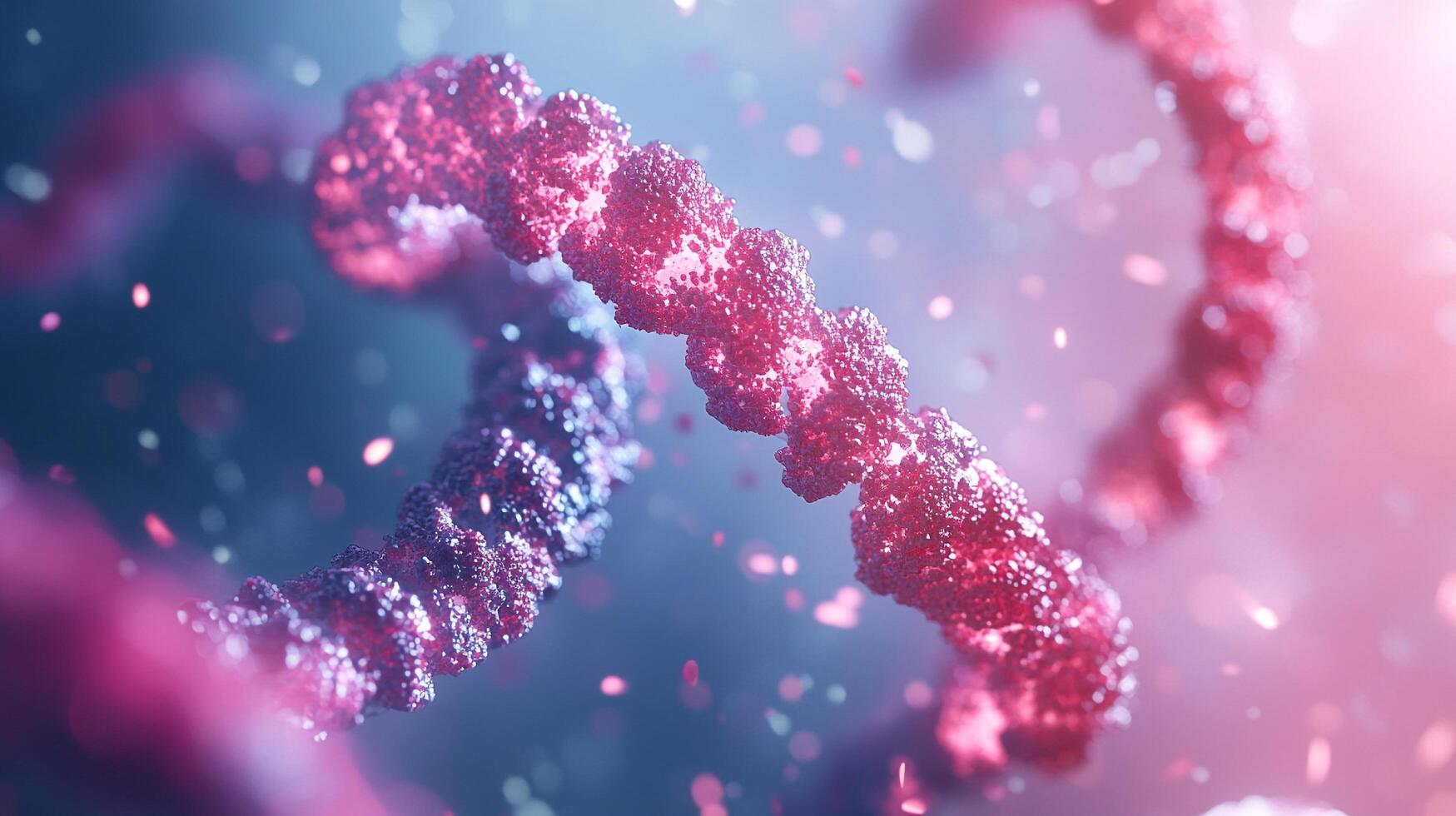 Detailed scientific visualization of a molecule structure, showcasing its intricate spiral form in a gradient of purple and blue tones. photo