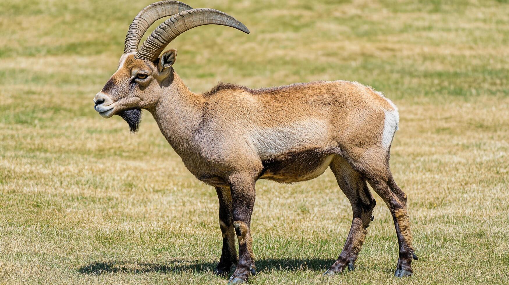 Majestic horned goat stands tall against grassy backdrop. Impressive horns and goatee enhance its wild charm. Nature's elegance shines through. photo