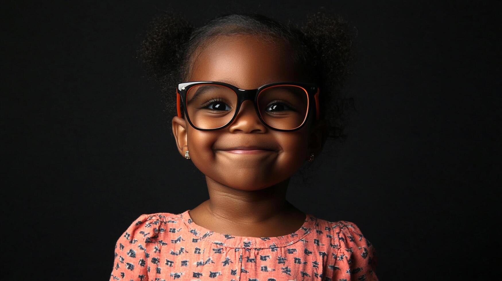 Young girl with glasses smiling against dark backdrop. Intelligent, happy and cute. She seems to be looking at the photographer. photo