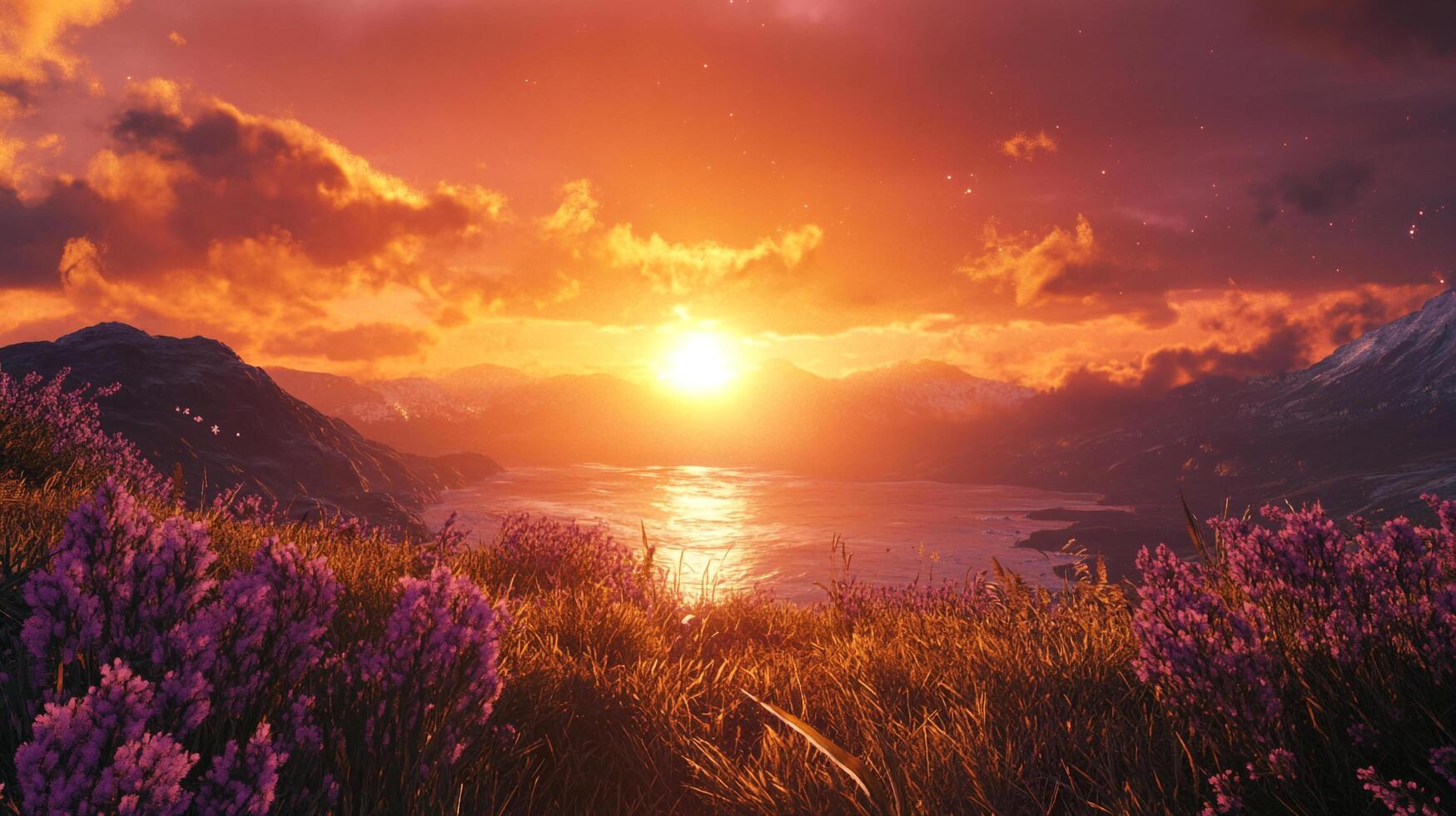 Scenic sunset over a serene lake nestled among rolling hills, lush meadows, and distant mountain peaks under an colorful sky. photo