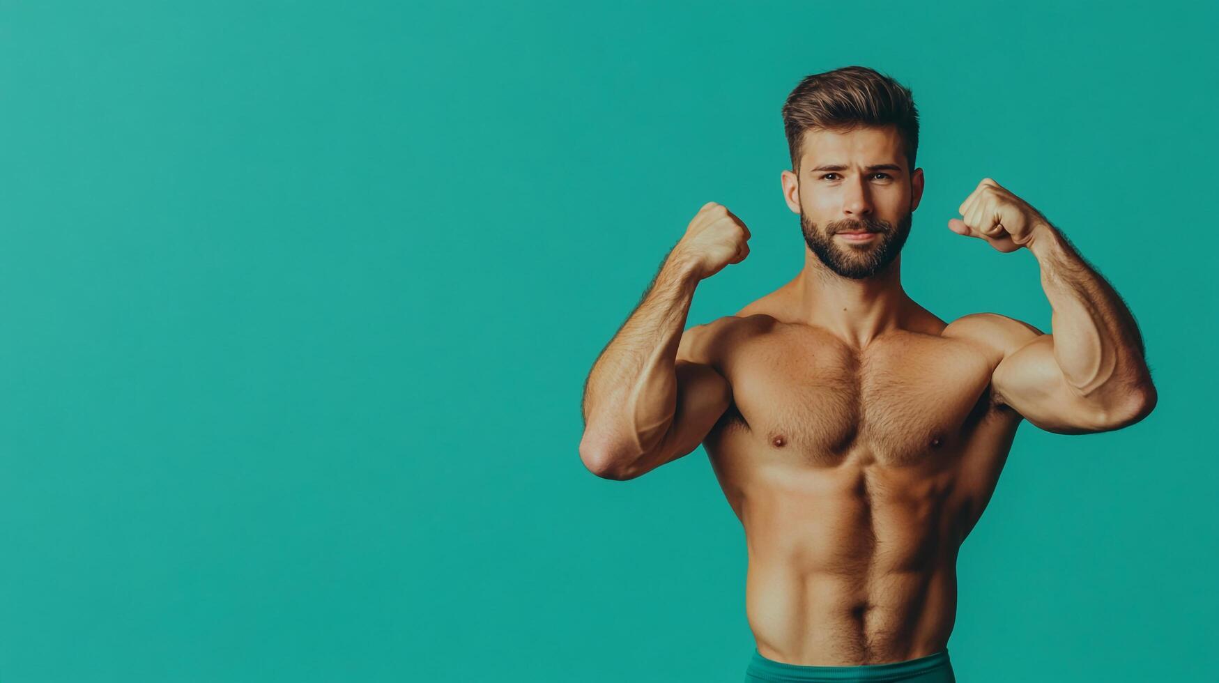 A muscular man flexes his biceps against a solid background. He is shirtless with only the top of his shorts visible at the bottom. photo