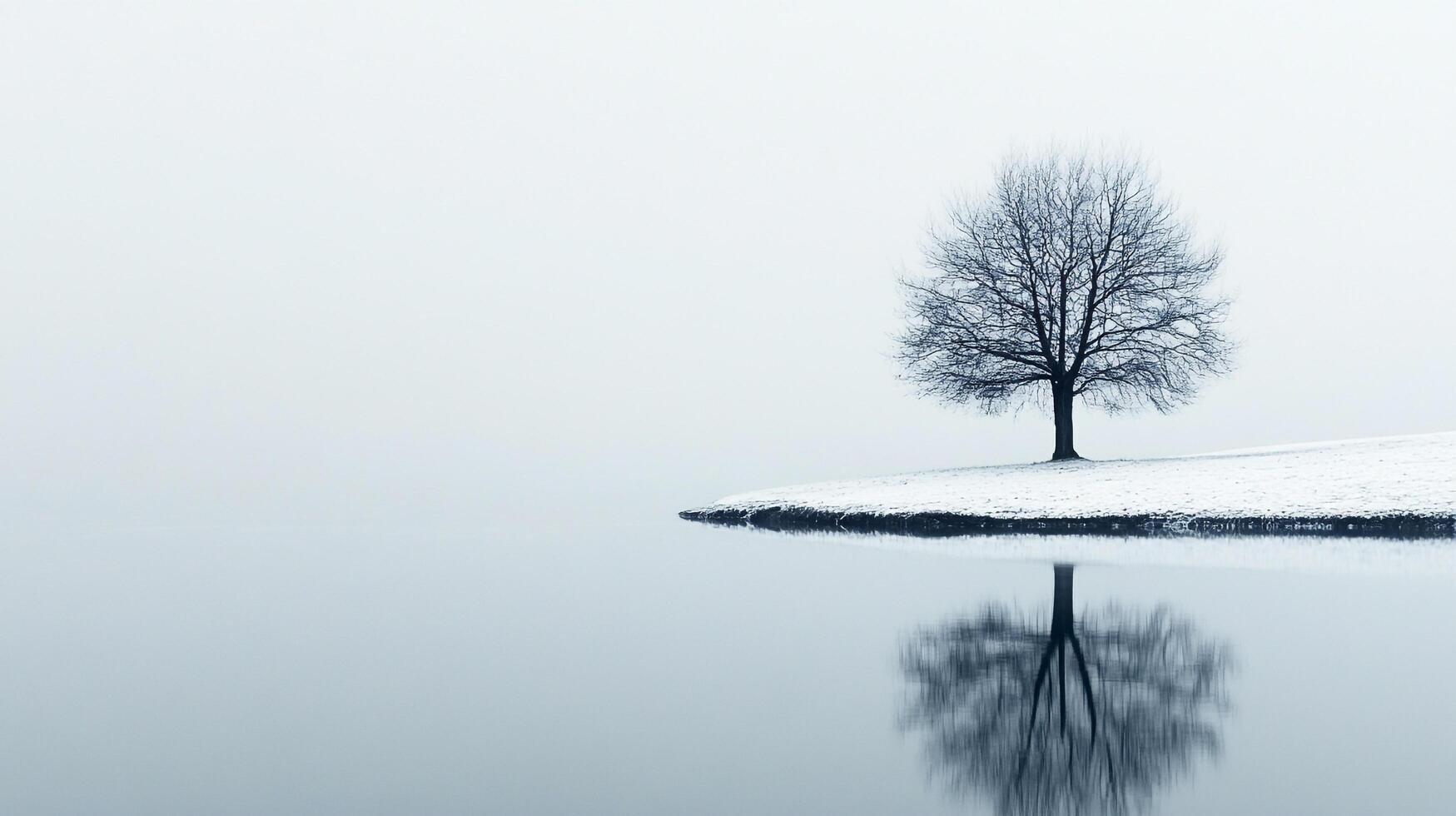 Solitary tree reflecting in water, winter scene with snow-covered ground and serene landscape. Minimalist composition with calm waters. photo