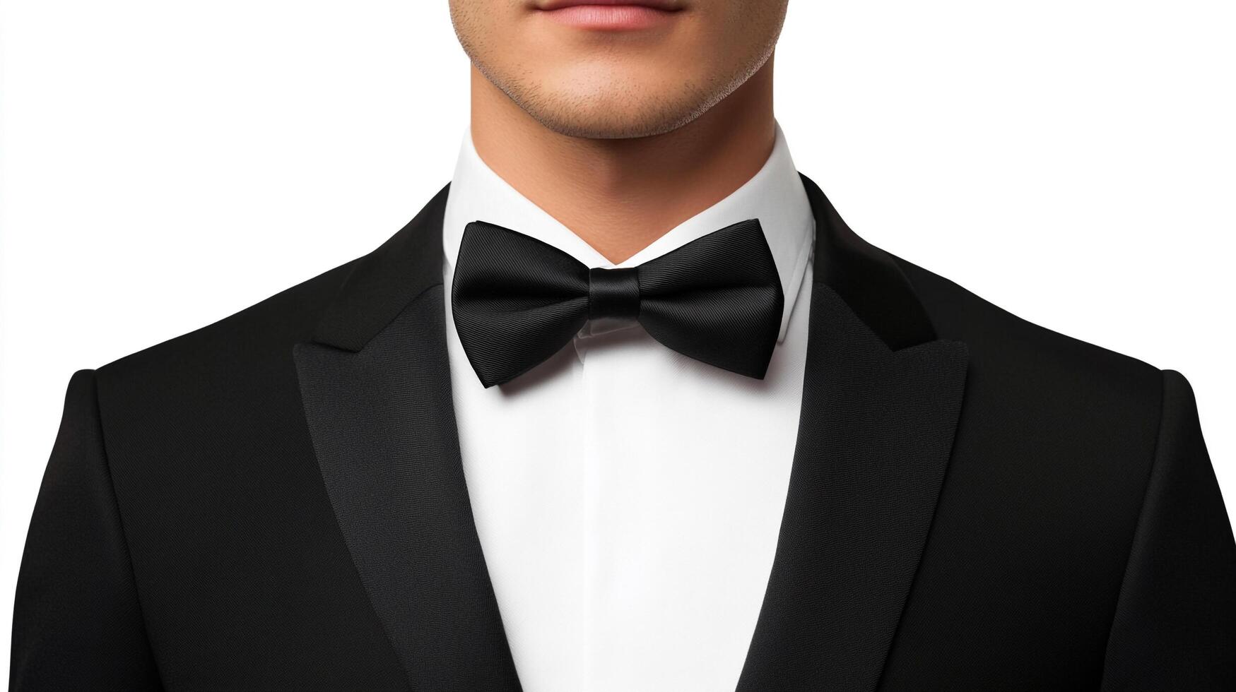 Close-up of a person formally dressed in a black tuxedo with a black bow tie and a crisp white shirt, ready for a special occasion. photo