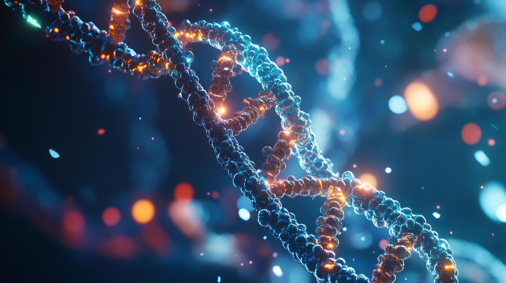 Detailed abstract rendering of a DNA double helix, with glowing nodes and a vibrant blue and orange color palette against a dark background. photo