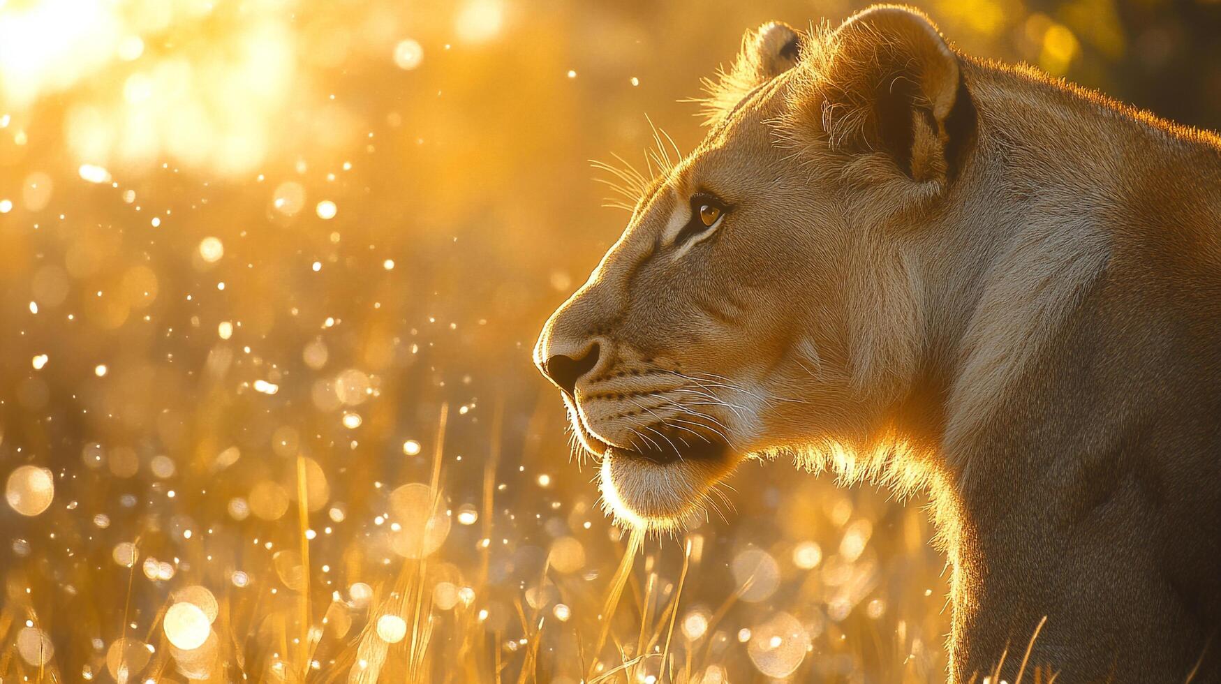 Lioness in golden light. Wildlife portrait of a magnificent female lion, with blurred bokeh background, in the wild, glowing with sunlight. photo