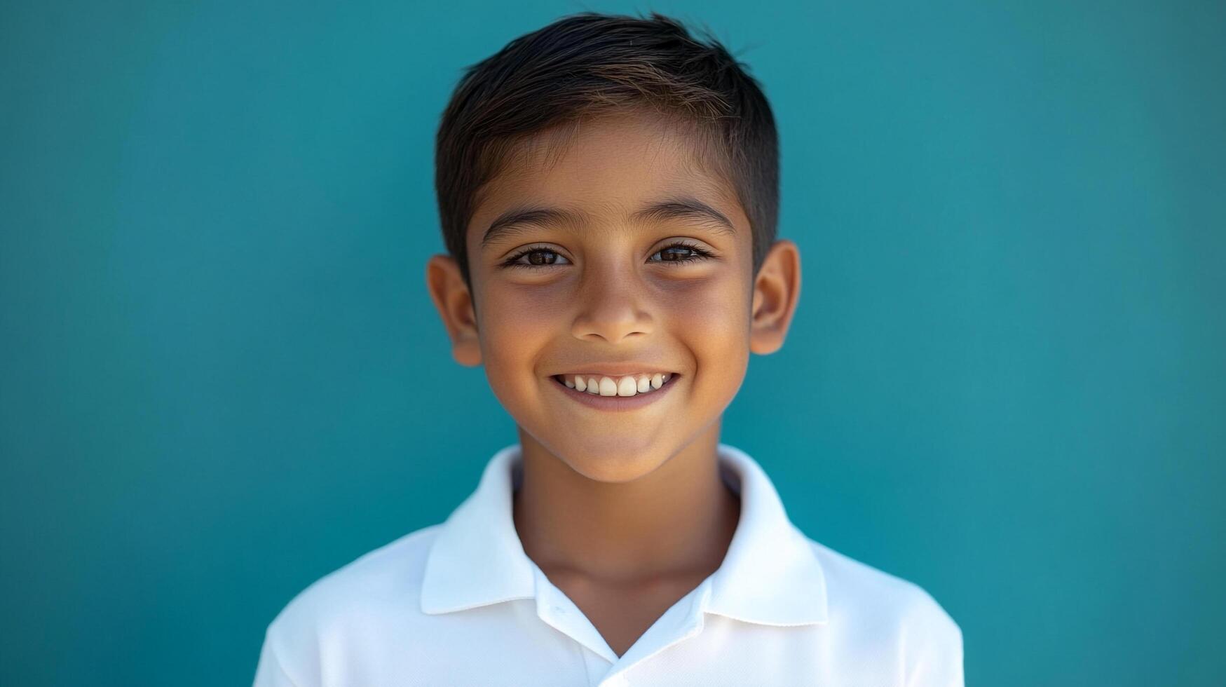 A cheerful young boy with a radiant smile, set against a vibrant blue backdrop, exudes happiness and a sense of youthful optimism. photo