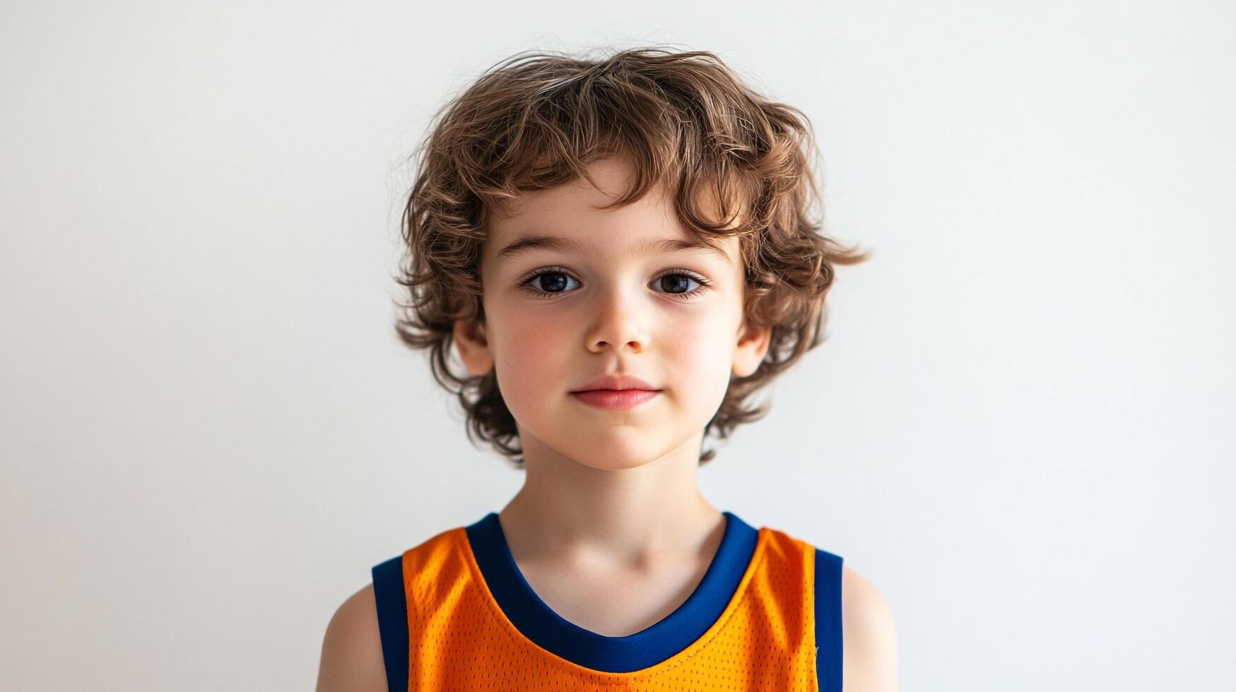 Portrait of a cute young boy with curly brown hair, fair skin, and a calm demeanor wearing an orange and blue athletic jersey. photo