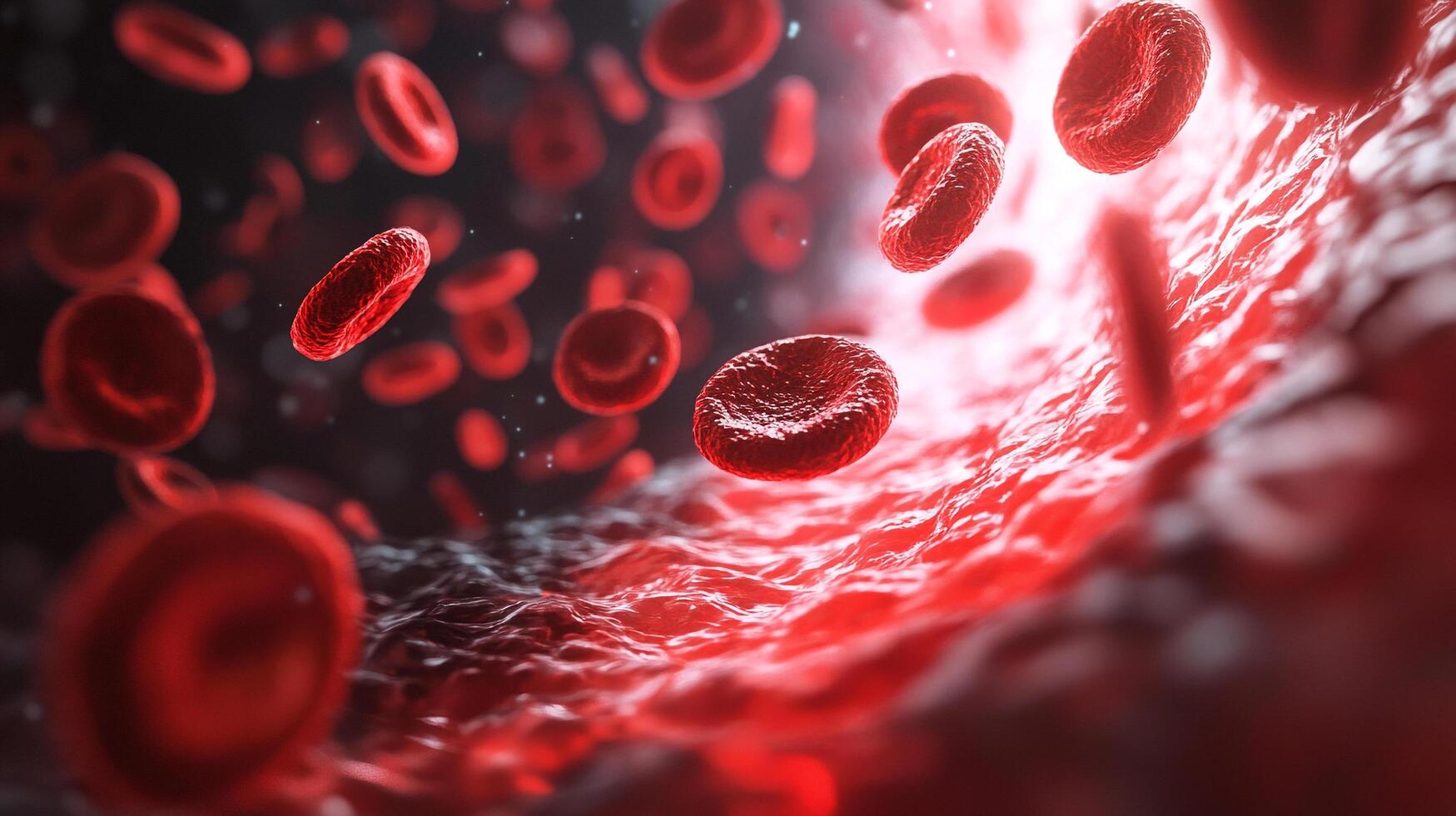 Detailed visualization of red blood cells flowing within a vessel. Bright red cells in a dark, textured background. Focus on detail. photo