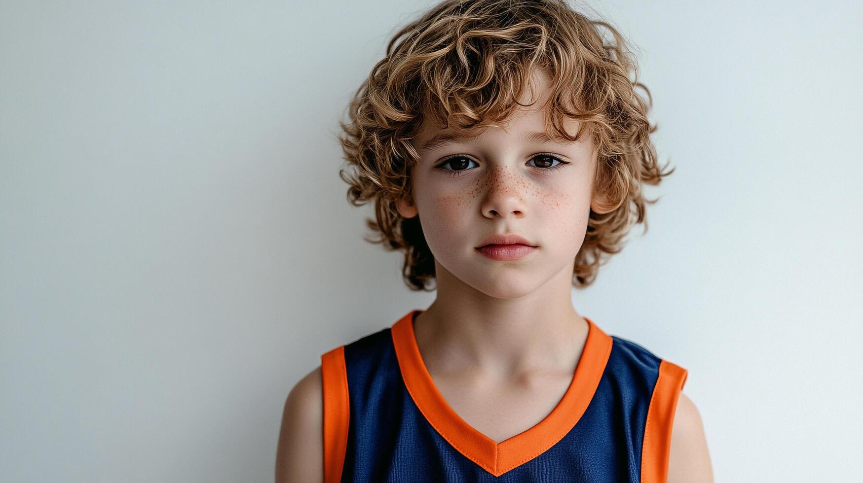 Young boy with curly hair and freckles, wearing a sports jersey, looking directly at the camera in a simple indoor setting. photo