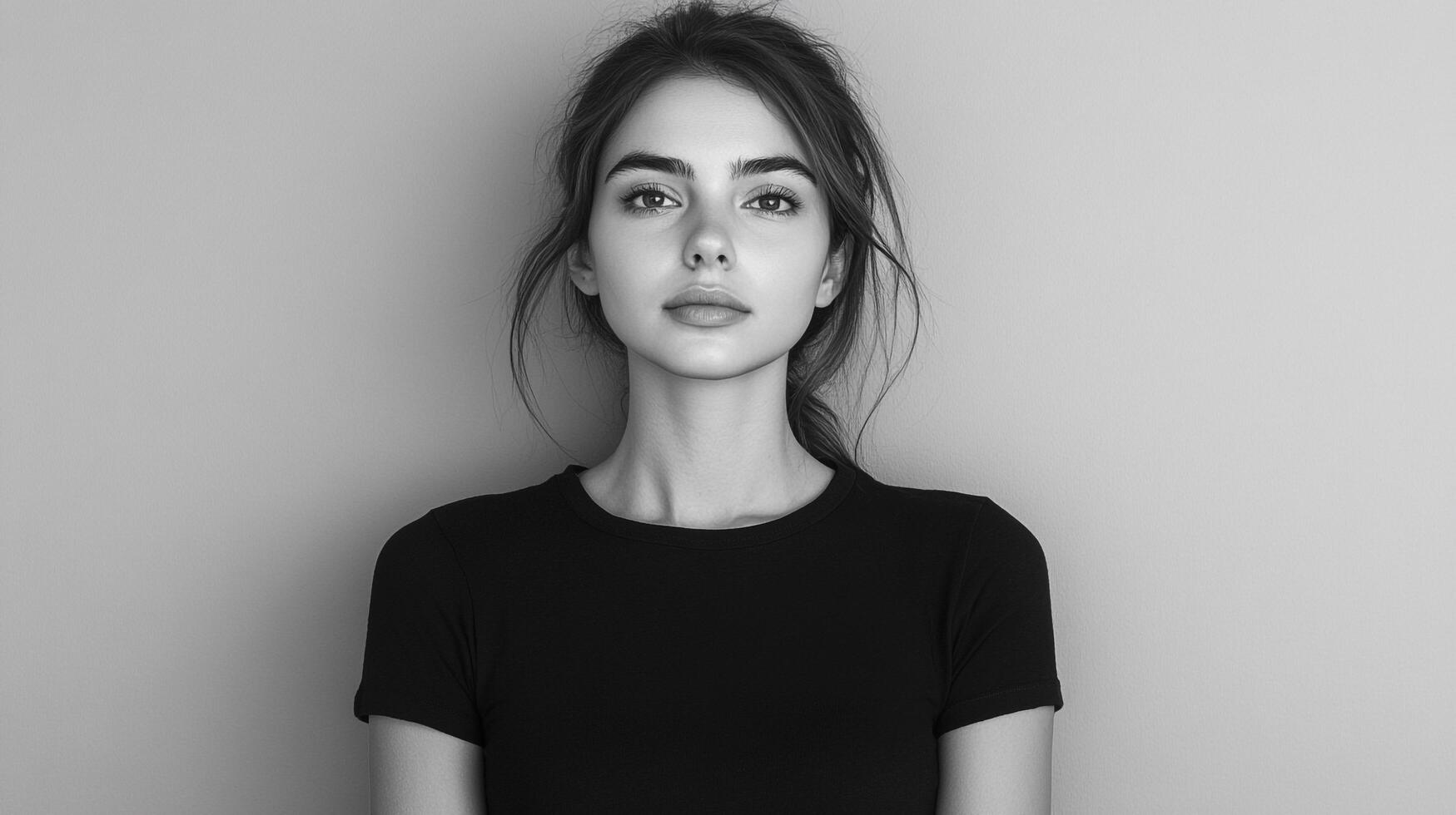 Monochrome portrait of a young woman with an earnest gaze, against a neutral background. She wears a simple dark shirt, hair neatly styled. photo