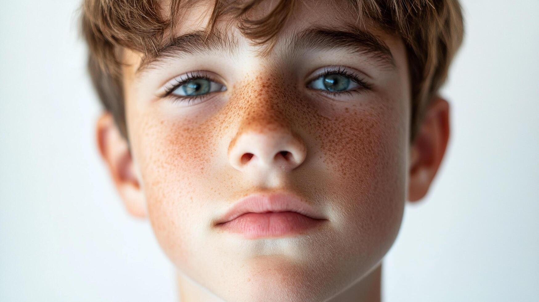 Portrait of a young boy with auburn hair, captivating blue eyes, and a dusting of charming freckles across his nose and cheeks. photo