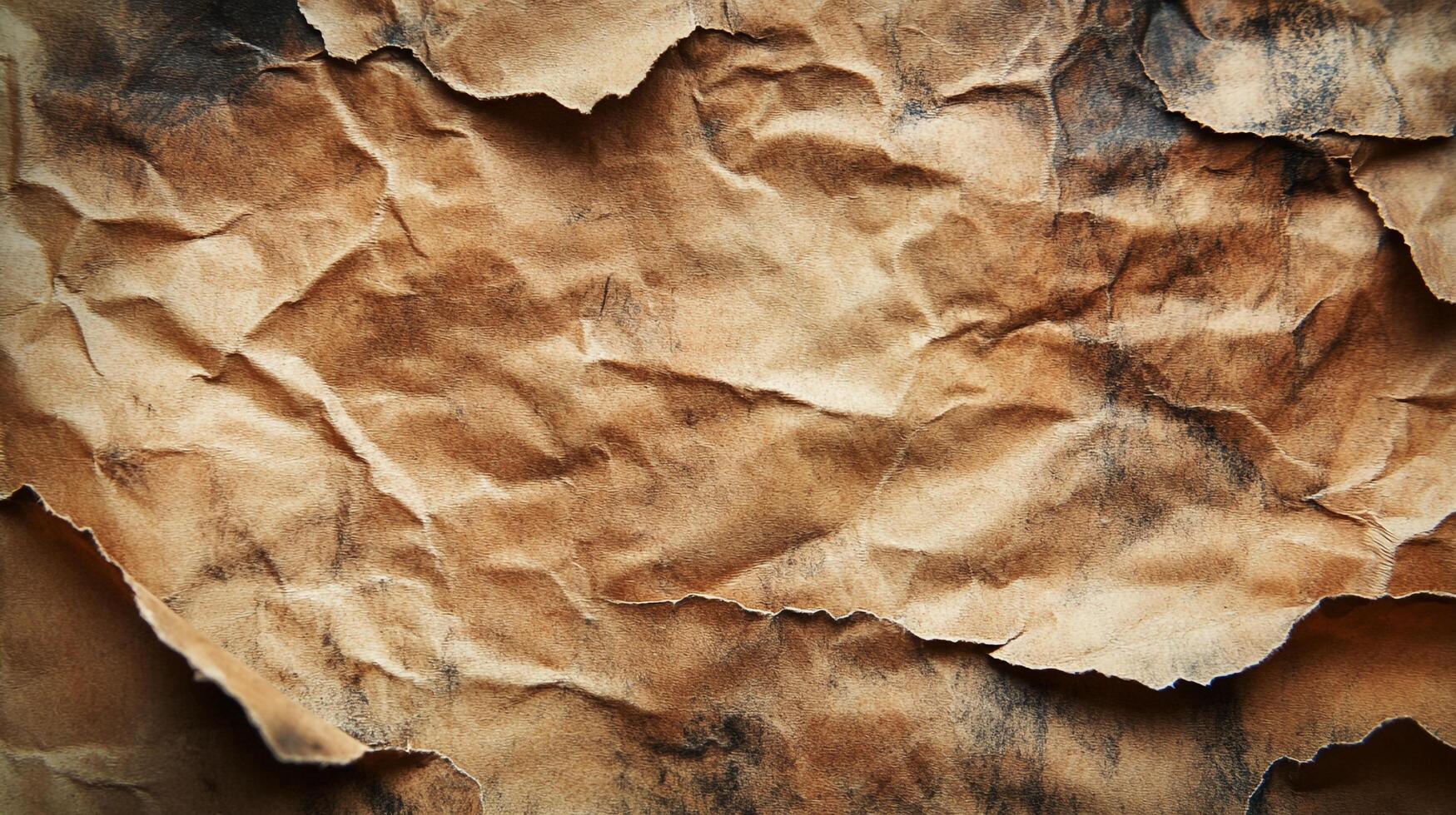 Brown textured paper with crinkles and dark stains creates an aged and rustic appearance, perfect for background designs. photo