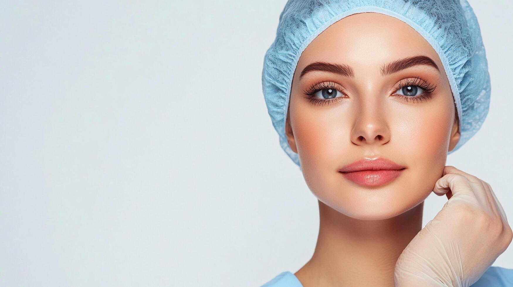 Female healthcare professional in uniform, looking at the viewer. Serene medical professional. Medical worker face with blue eyes. photo