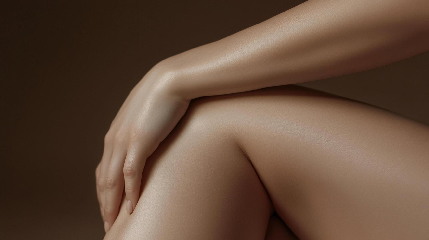 Close-up of a woman's leg and arm showcasing smooth skin, soft lighting, and elegant pose against a neutral background. Minimalist beauty. photo