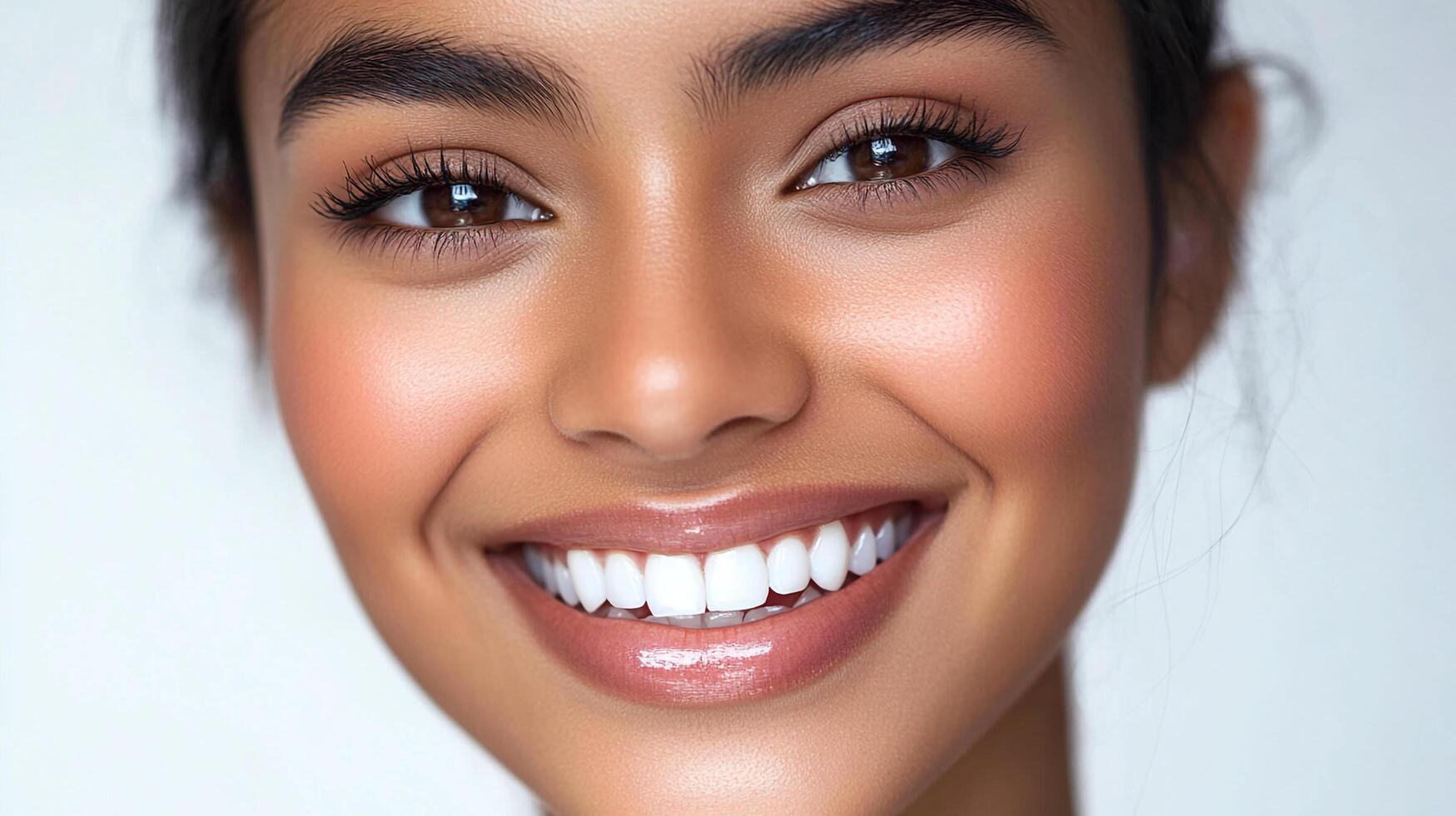 Radiant smile with flawless skin. She shows off her perfect teeth, bright eyes and healthy complexion with a beaming smile. photo