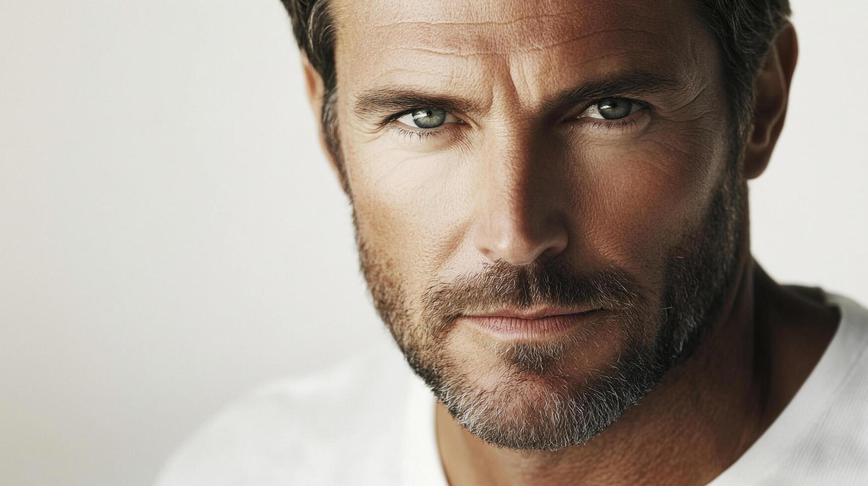 Confident man with piercing eyes and a distinguished salt and pepper beard gazes forward. Expressive face against neutral backdrop. photo