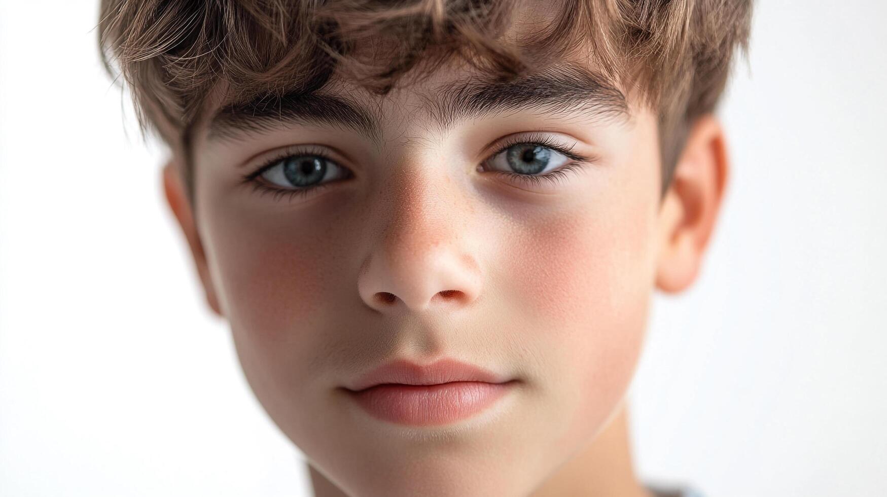 Close-up portrait of a young boy, featuring striking blue eyes, soft brown hair, and a fair complexion, set against a clean, white background. photo