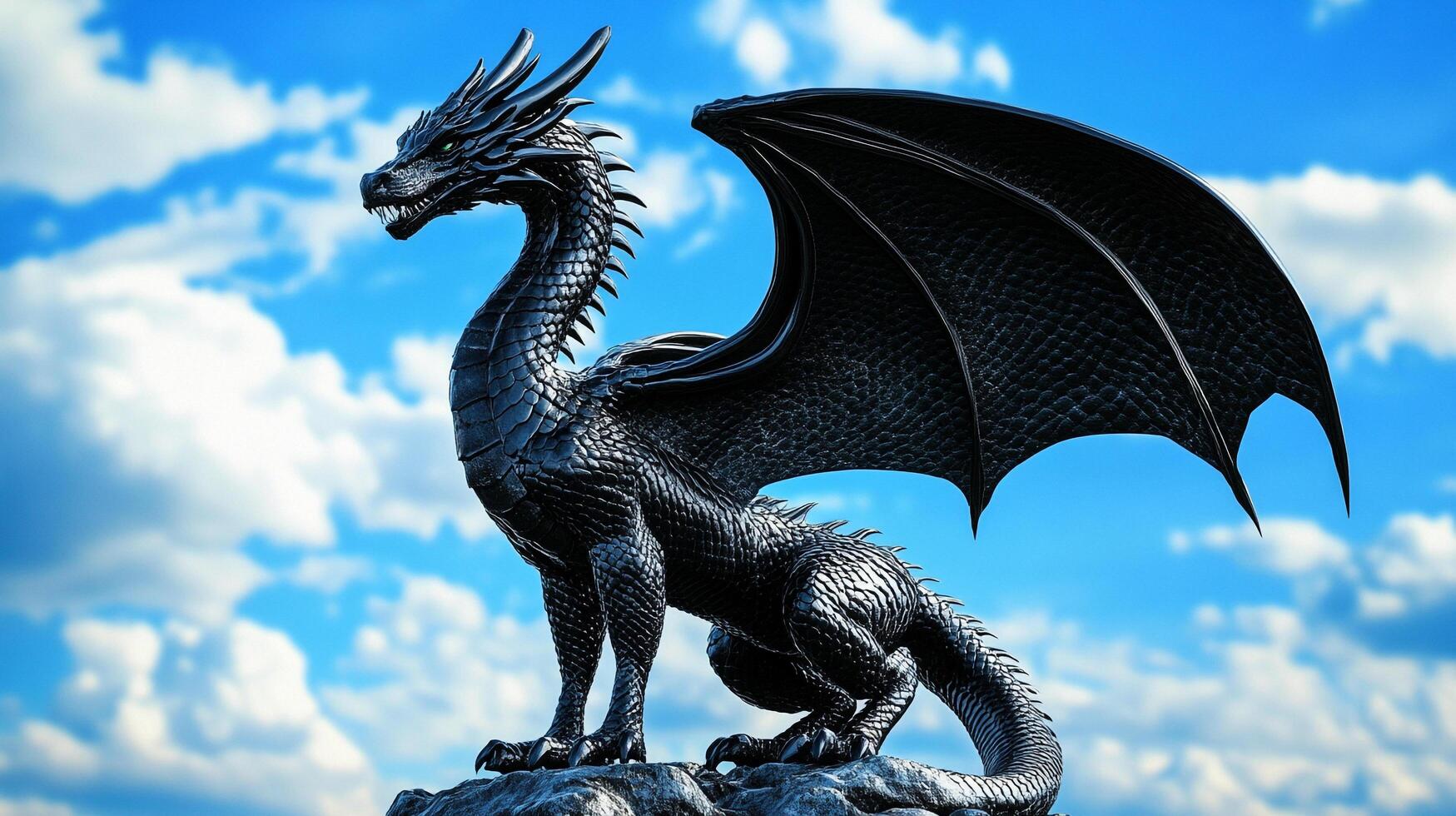 Majestic dragon statue against a vibrant sky, wings spread. Scales shimmer in the light. A fantasy scene frozen in time. Fierce yet elegant. photo
