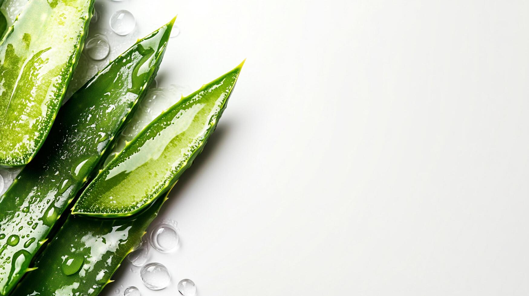 Aloe vera leaves on a white surface with clear water droplets, exhibiting natural beauty and hydrating properties, clean and fresh look. photo
