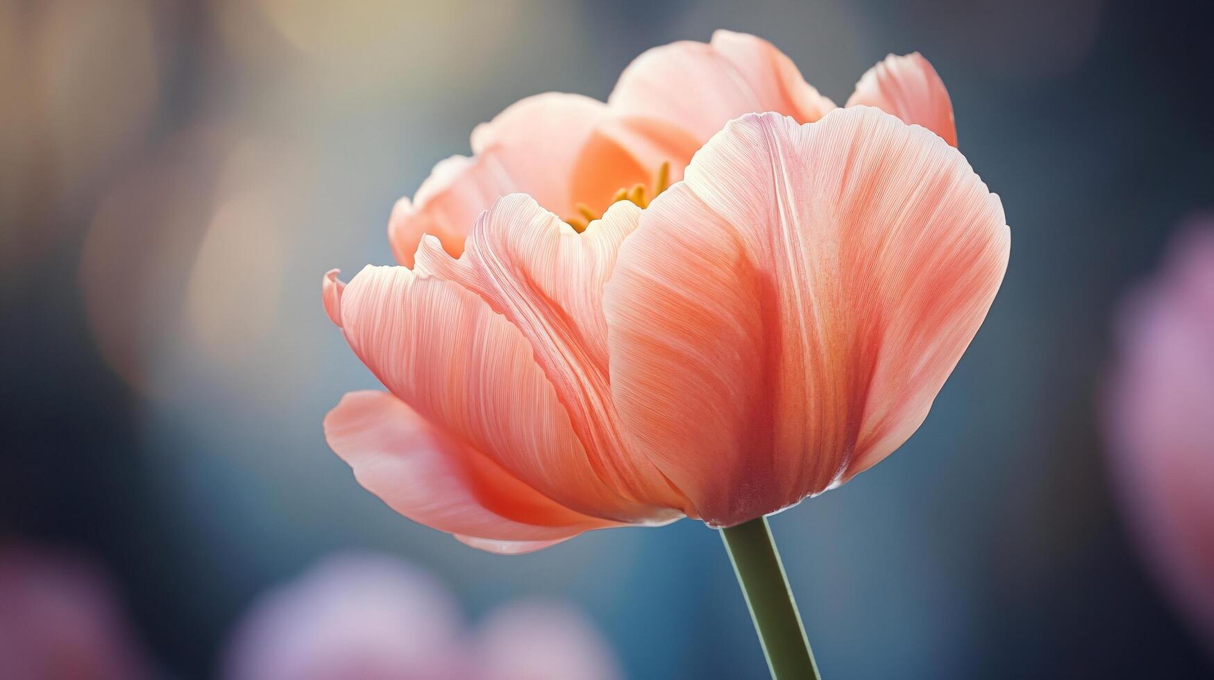 Close up of a peach tulip blooming, showcasing delicate petals and vibrant color against a soft focused background photo