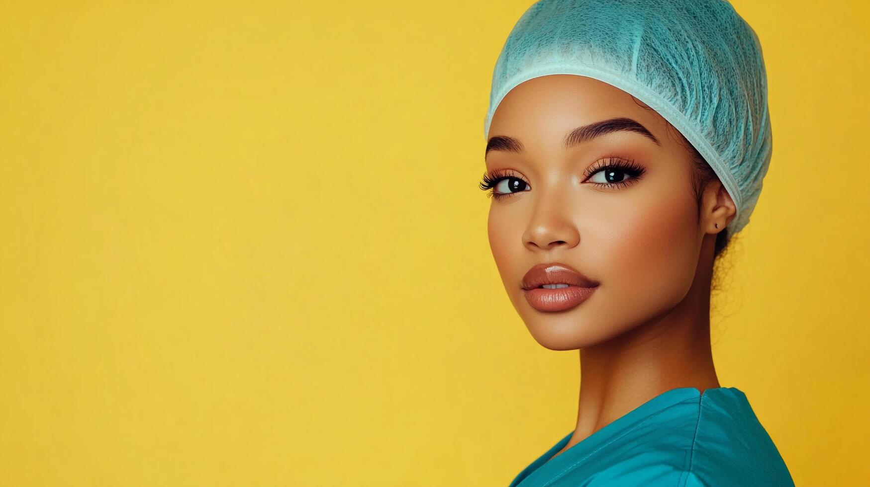 Confident healthcare professional in scrubs against a vibrant yellow backdrop, radiating poise and dedication to the medical field. photo