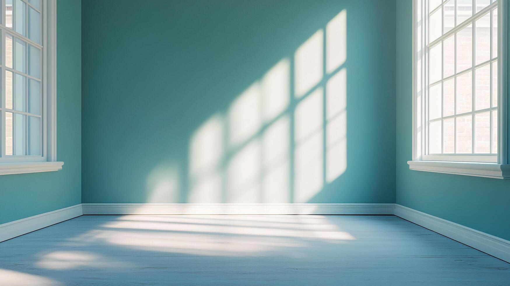 A bright and airy teal painted room with wooden floors is illuminated by sunlight streaming in through the window. Corner view. photo