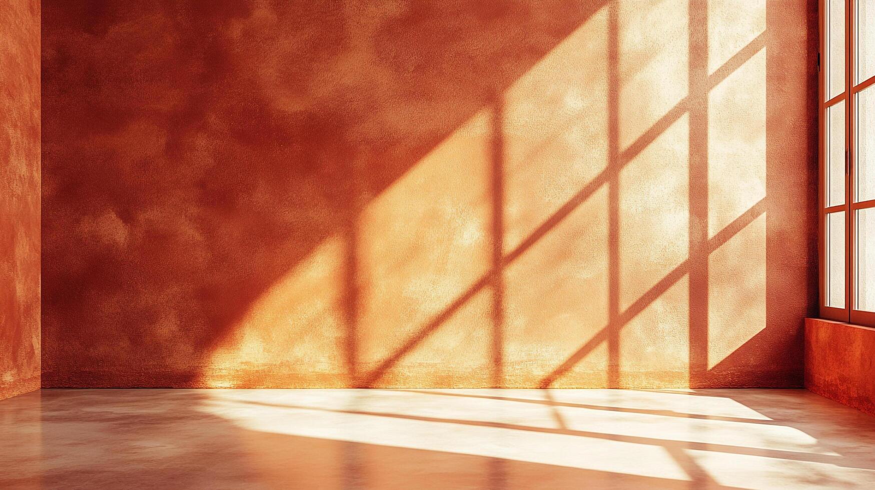 Sunlight streams into a terracotta room, casting geometric shadows across the textured wall and floor, creating a play of light and depth. photo