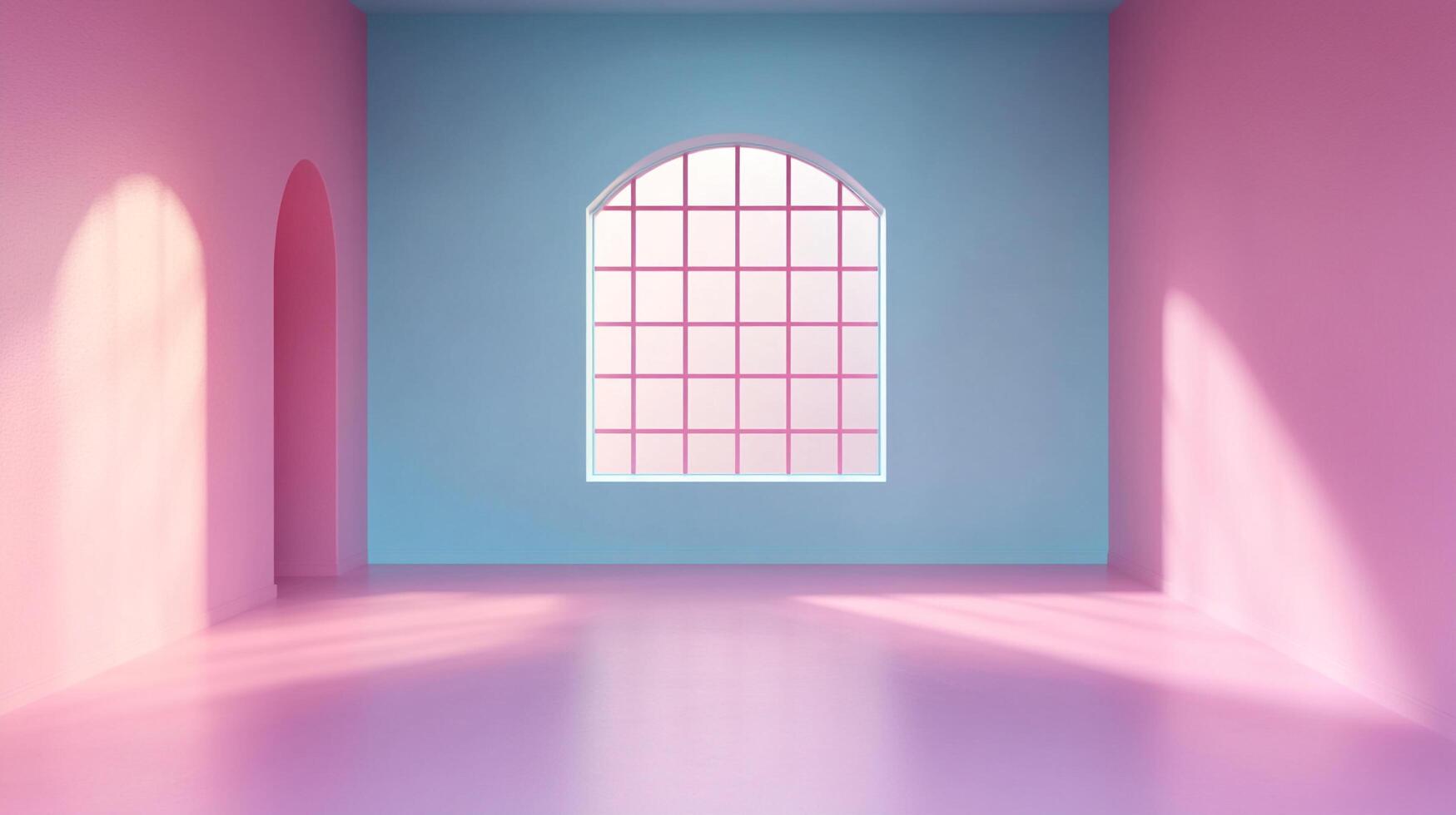 Abstract room interior features arched window and doorways, illuminated by sunlight, with vibrant pink and blue color blocking. photo