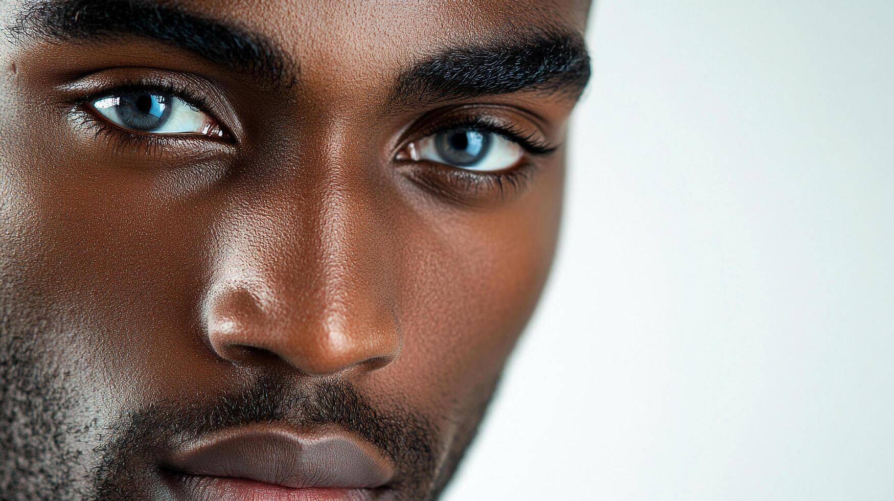 Striking portrait of a man with captivating blue eyes. Close up facial shot exhibiting beauty in skin tone and strong brows. photo
