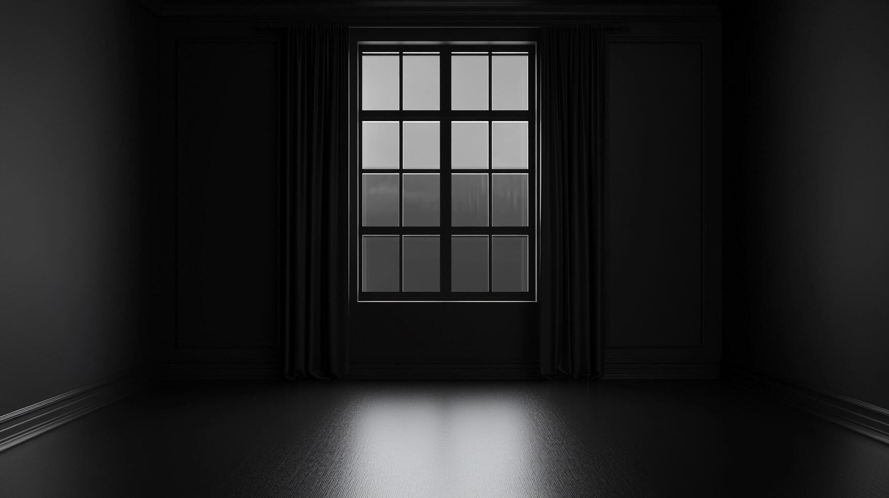 Monochrome room featuring a large window framed by dark drapes, creating a contrast between the exterior view and the interior space. photo
