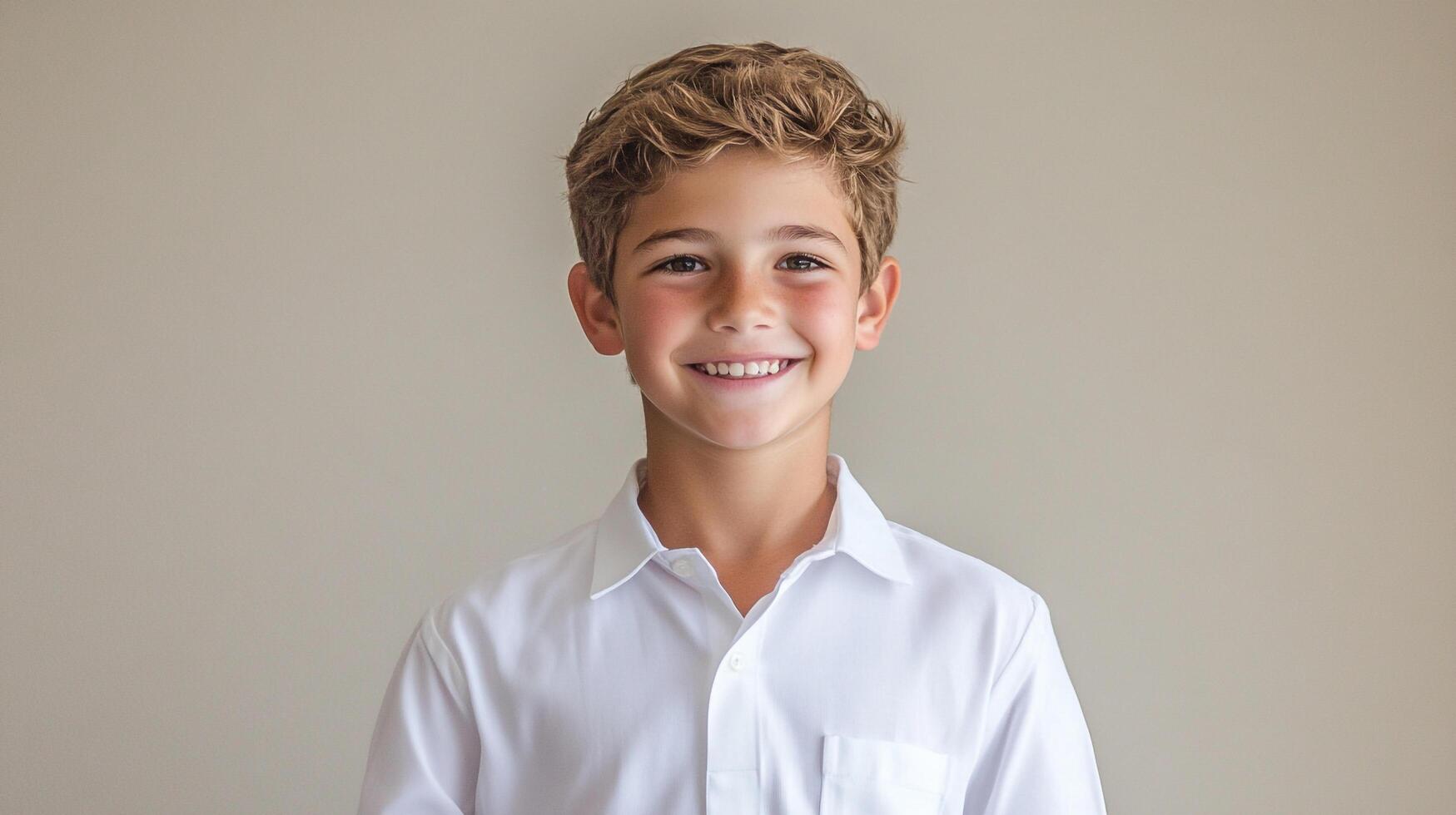 Young boy with a bright smile, dressed in a white collared shirt, showcasing innocence and a cheerful disposition against a neutral backdrop. photo