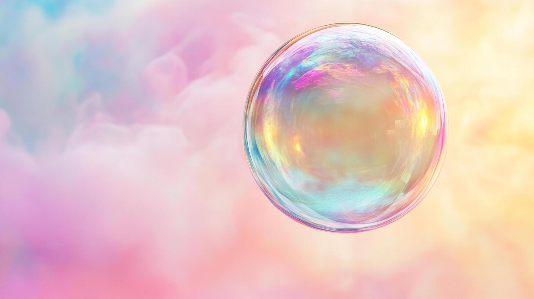 A captivating, iridescent bubble floats serenely against a soft background of pastel clouds, creating a whimsical and ethereal atmosphere. photo