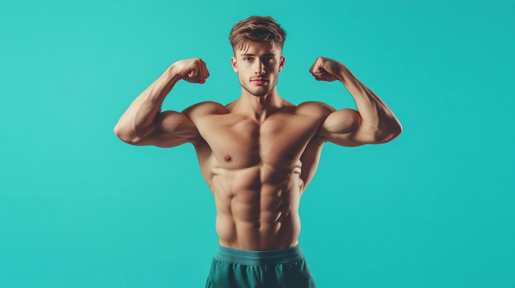 Fit male flexing biceps against a cyan background, showcasing muscle definition and dedication to fitness and healthy lifestyle. photo