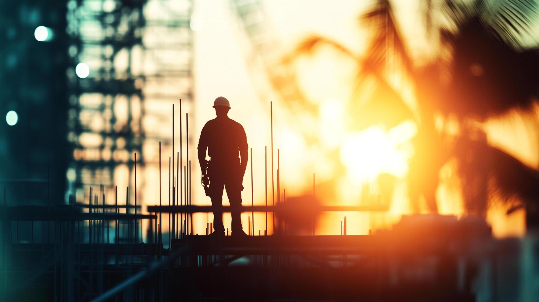 Silhouette of a construction worker at sunset overseeing a project, representing hard work, progress, and industry under clear skies. photo