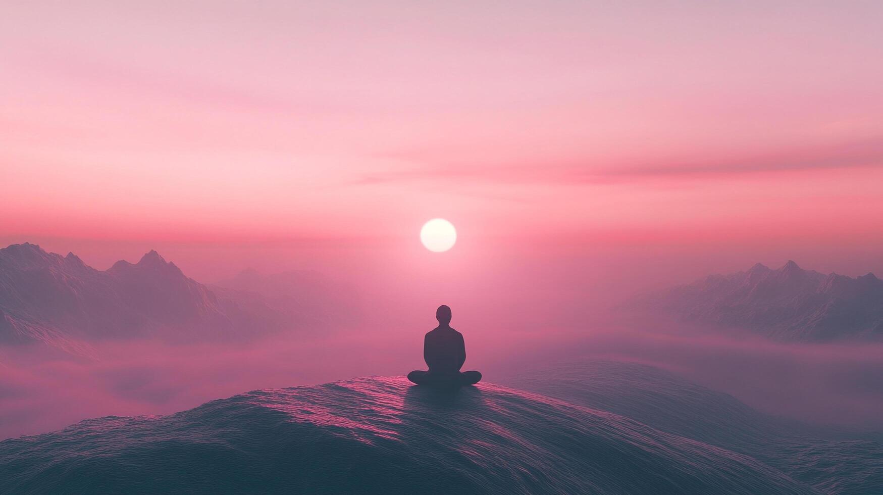 Meditative figure silhouetted against a pink hued sky, meditating upon water with mountains in the hazy distance at sunrise. photo