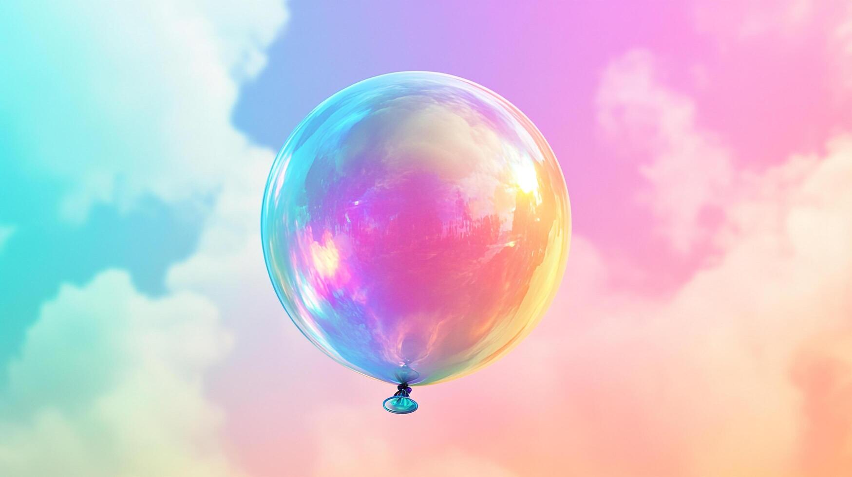 Iridescent sphere reflecting pastel clouds, creating a dreamy and surreal atmosphere with colorful reflections and gentle light. photo