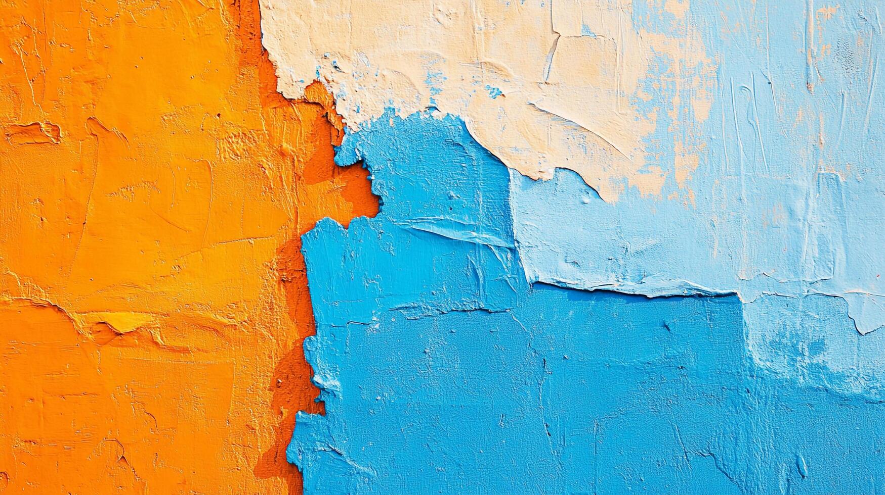 Abstract wall with textured layers of blue, orange, and white paint creates an aesthetically pleasing and colorful surface. photo
