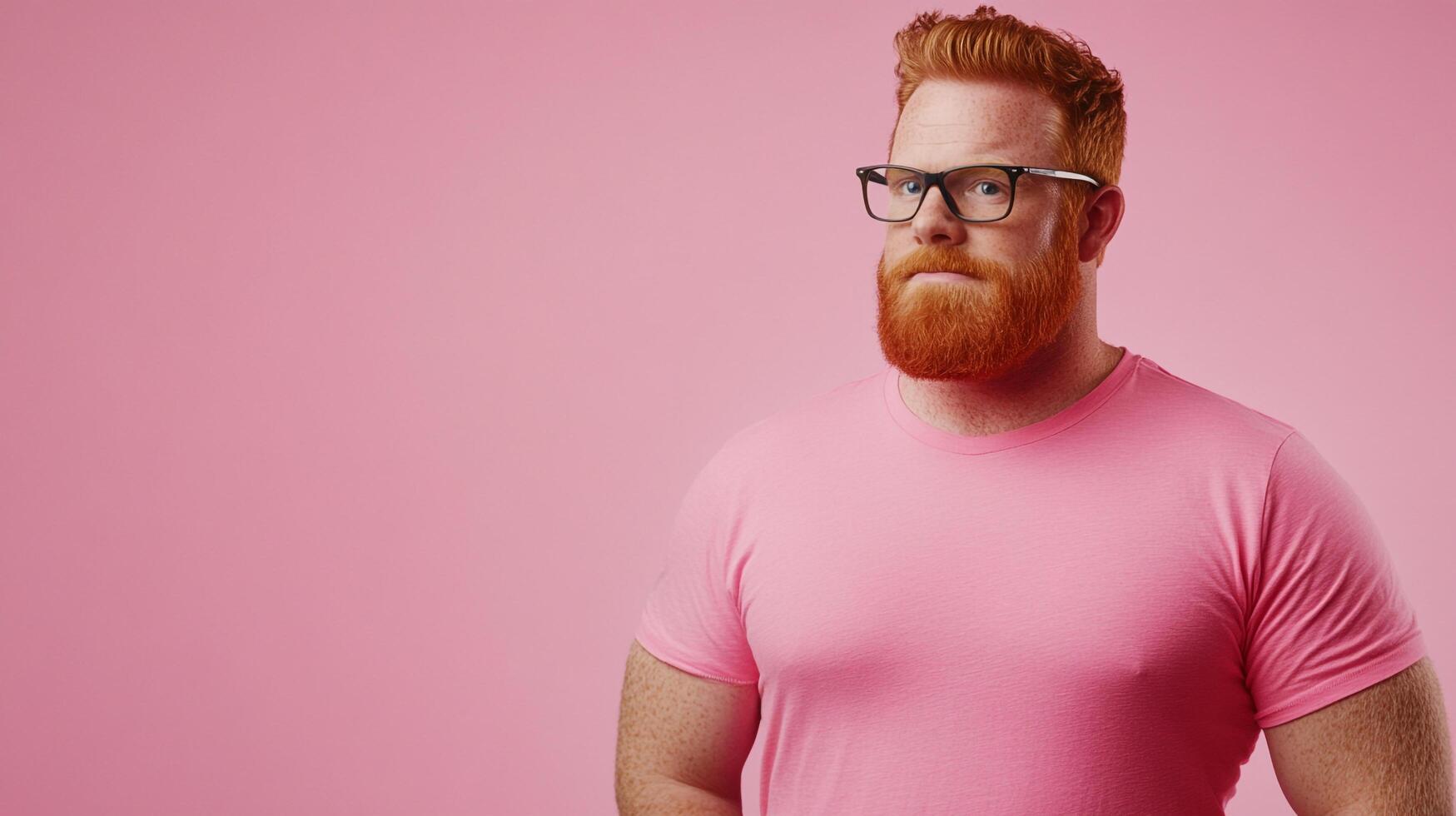 Confident redhead man with glasses and matching pink shirt against a pink backdrop, looking directly at the viewer with a steady gaze. photo