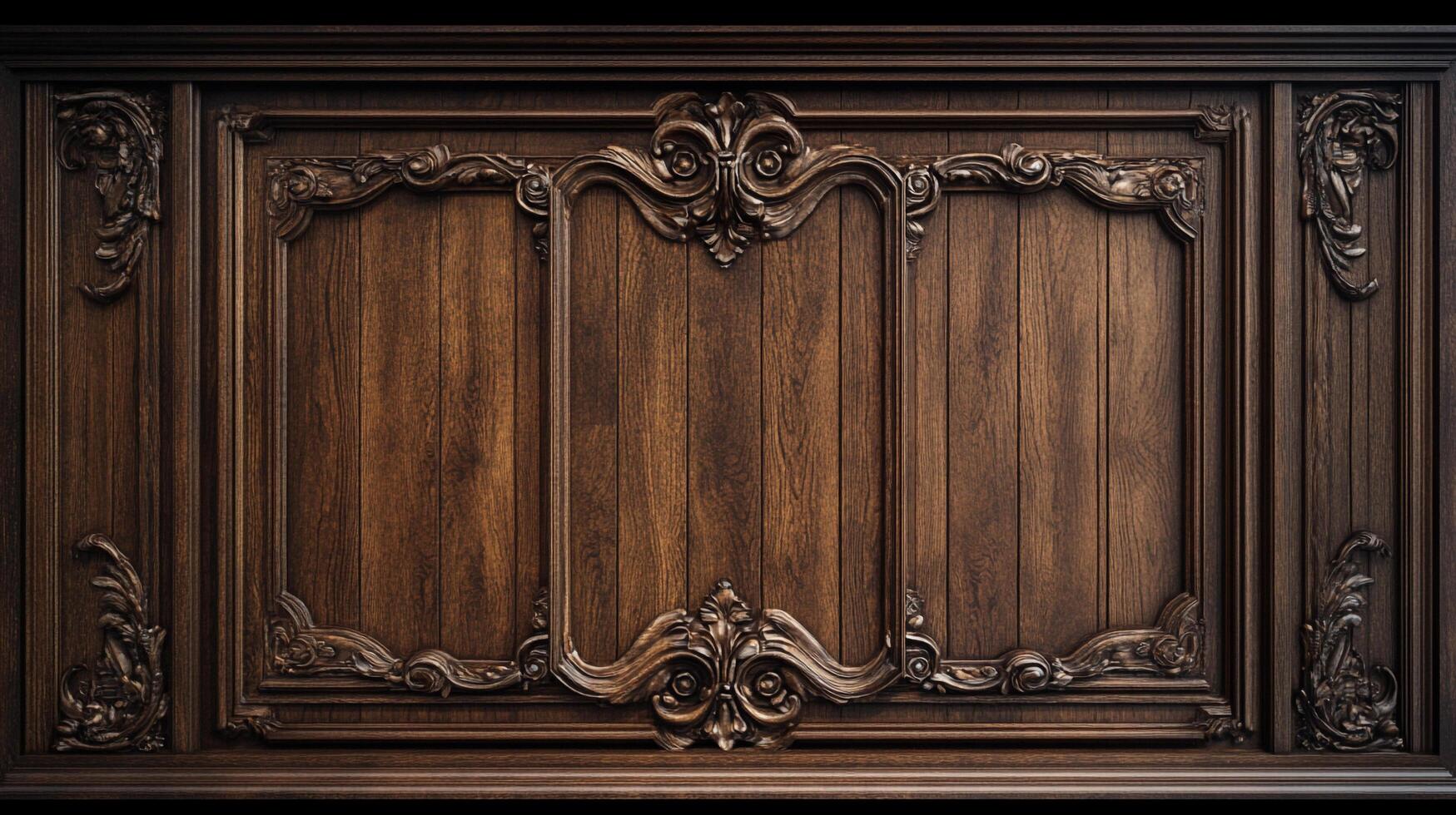 Elaborate dark wooden paneling with decorative trim and vertical wood planks creating a traditional and luxurious architectural element. photo