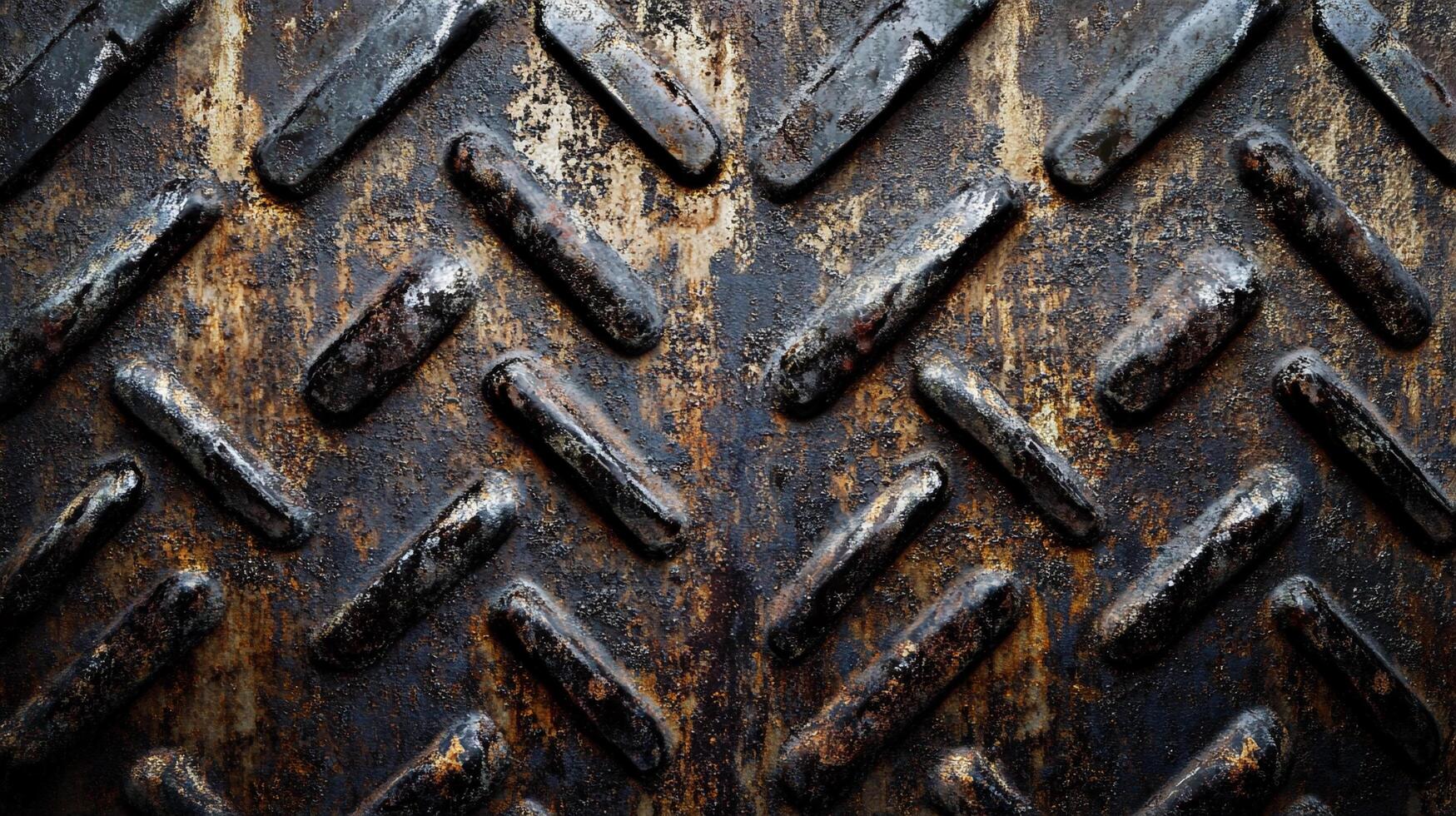 A well-worn metal surface, its raised details catching the light amidst patches of rust and grime. Rugged texture. photo