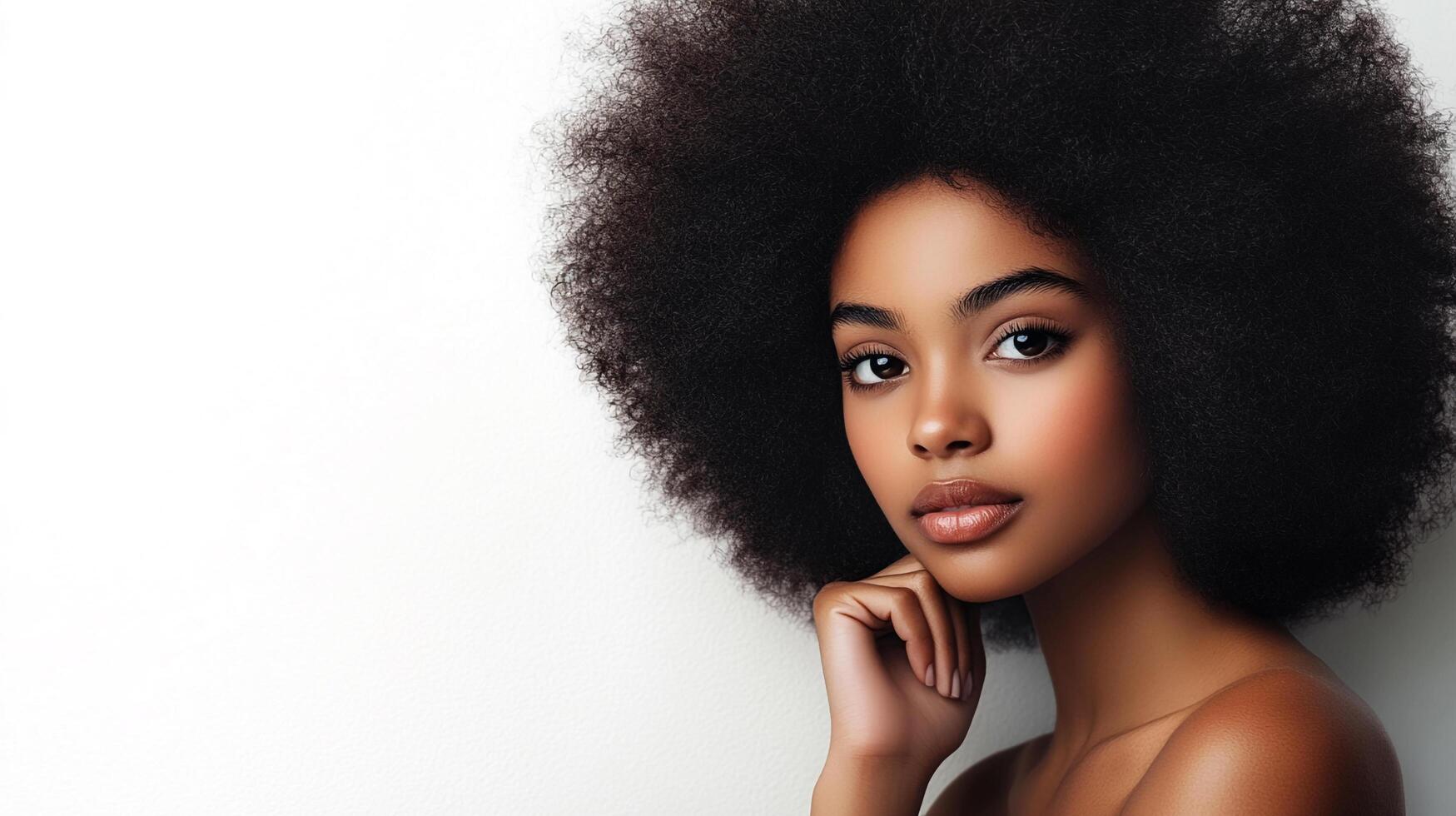 Striking portrait of a woman with Afro, showcasing natural beauty and confidence against a clean, minimalist backdrop, emphasizing her features. photo