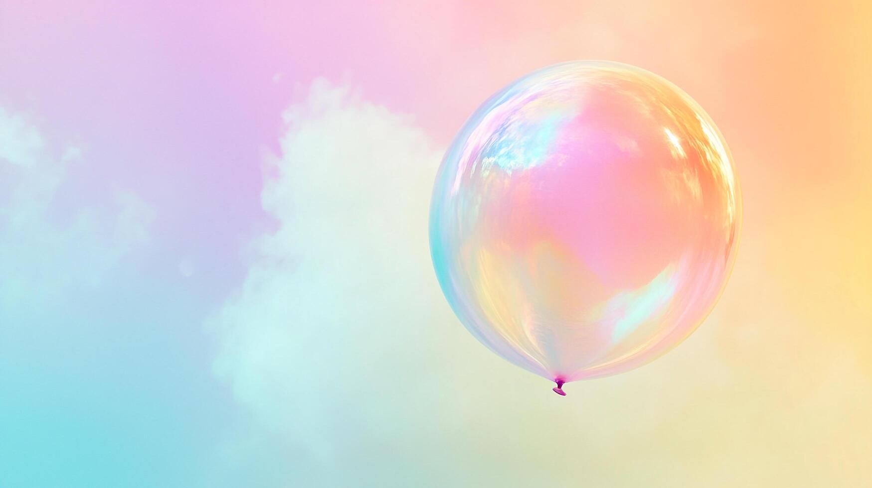 A vibrant iridescent balloon floating amidst a pastel sky with fluffy clouds. Its translucent surface mirrors the colorful sunset. photo