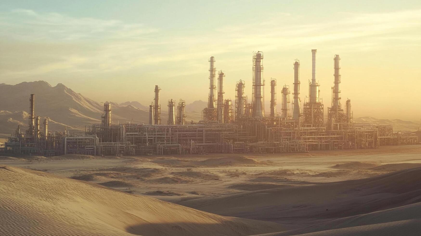 Industrial refinery complex situated within a vast desert landscape, with pipes and tall stacks piercing the sky at golden hour. photo