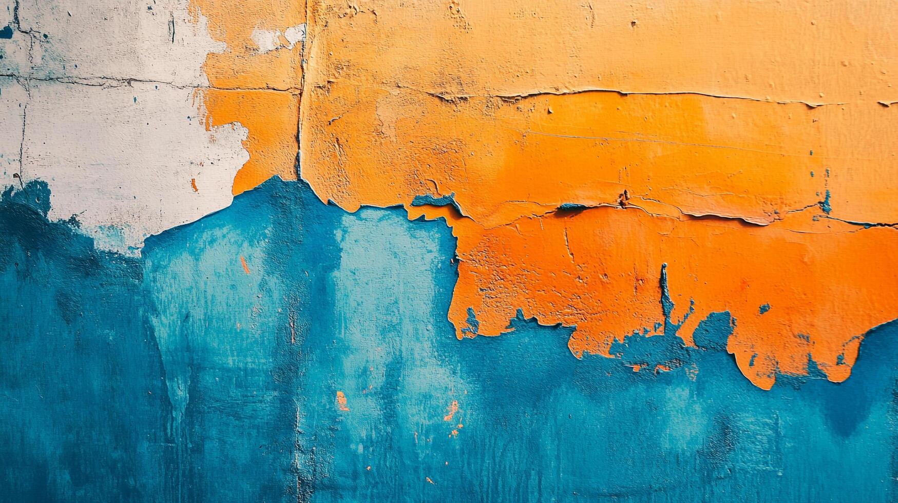 Abstract blue, orange, and white wall texture with cracked and peeling paint creating a visually intriguing and weathered surface. photo
