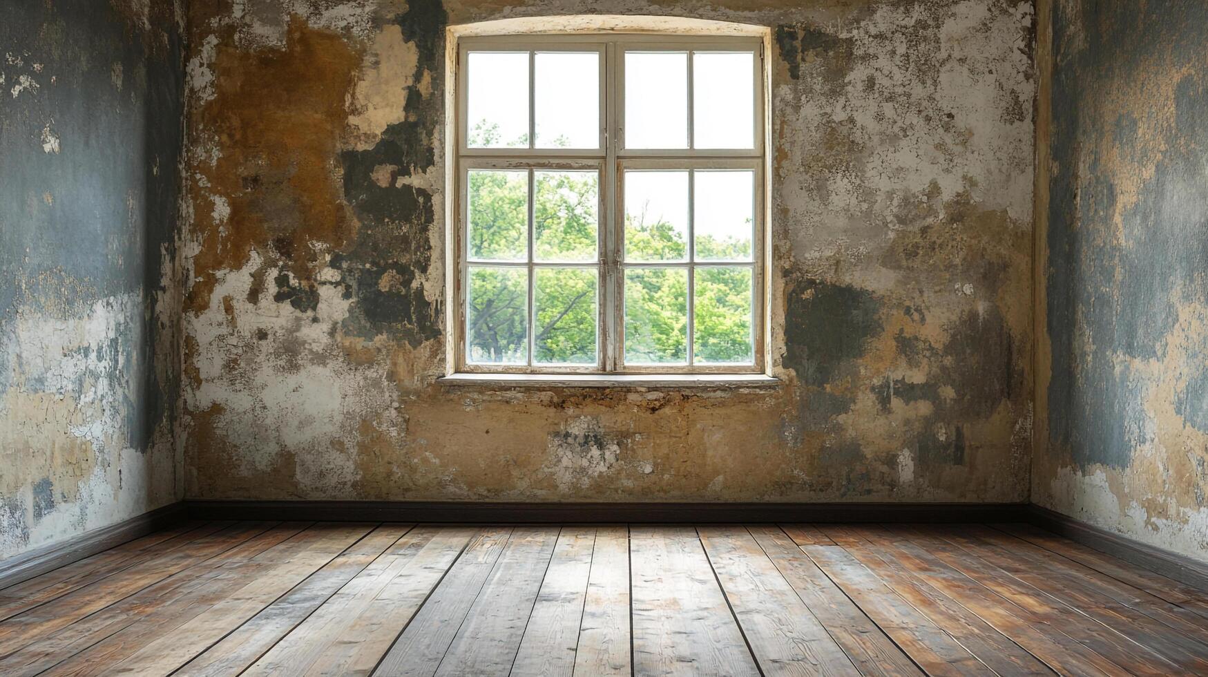 Distressed interior with weathered walls, rustic wooden floor, and a bright window offering a glimpse of lush greenery. photo