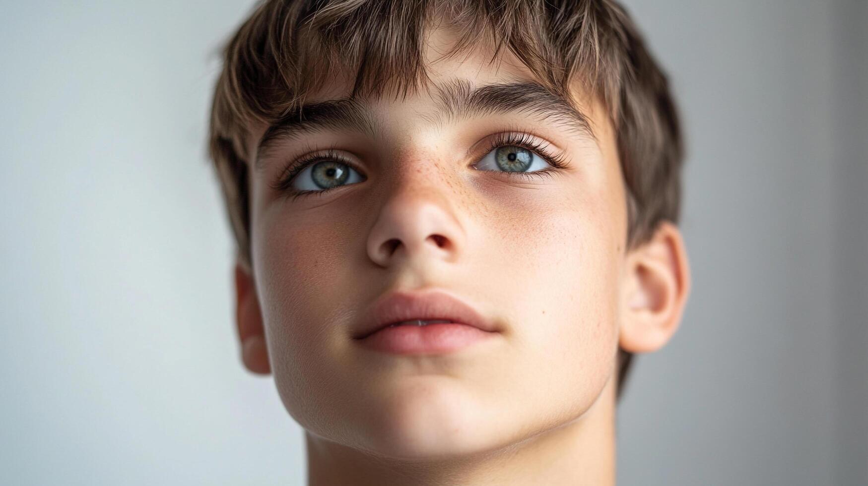 Portrait of a young person with striking eyes and freckles, looking upwards with a thoughtful expression, against a plain background. photo