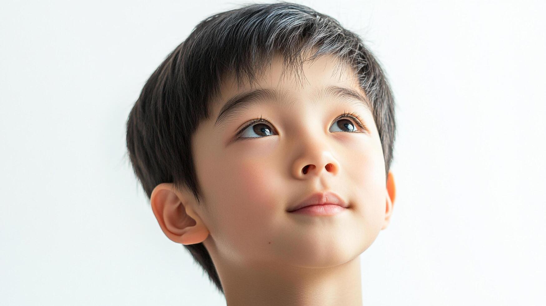 A young boy gazes upwards with a thoughtful expression, bathed in soft light against a plain backdrop. He appears to be looking at something. photo