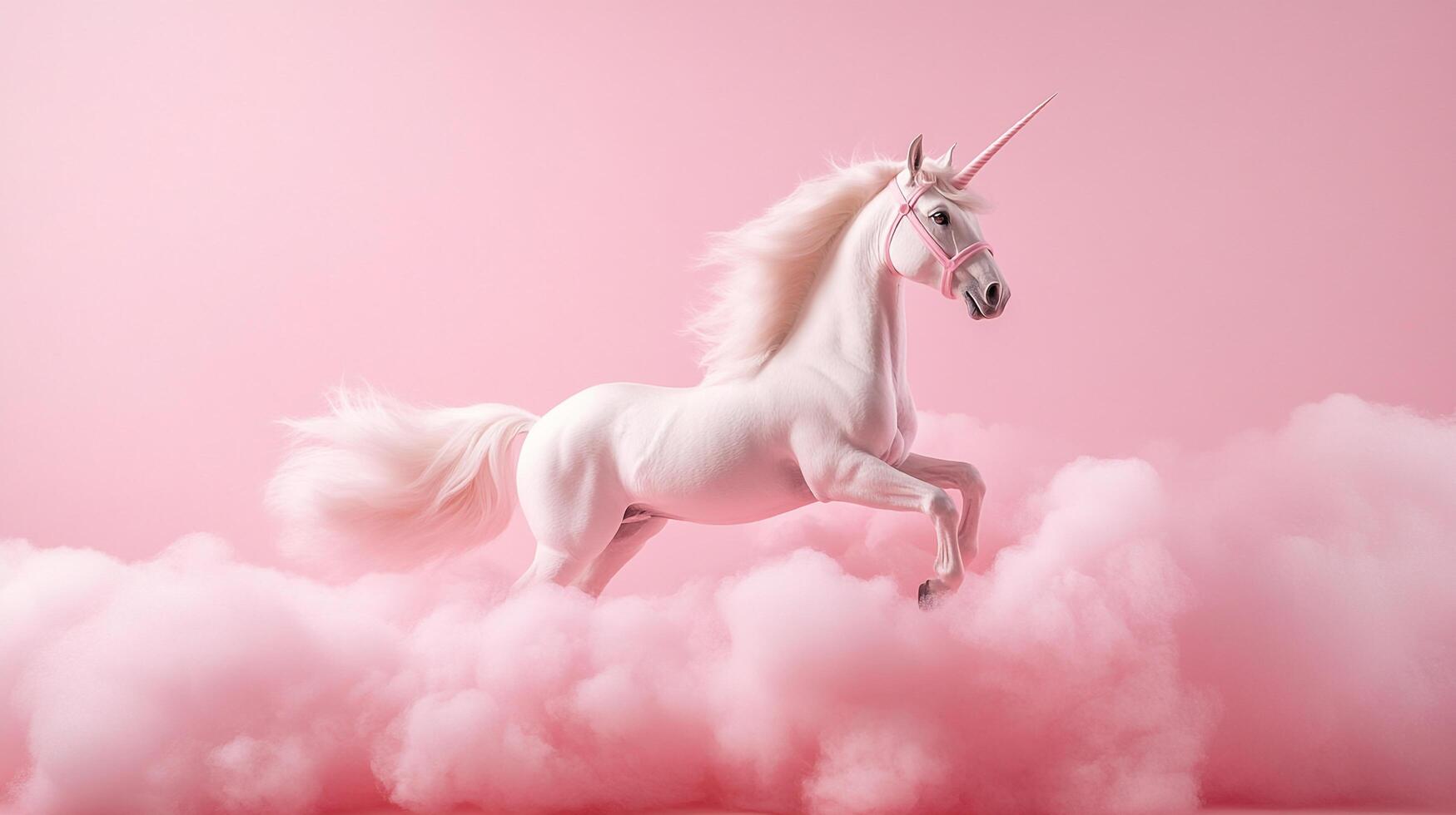 A majestic white unicorn with a pink bridle leaps through cotton candy clouds against a pastel pink backdrop, creating a whimsical scene. photo