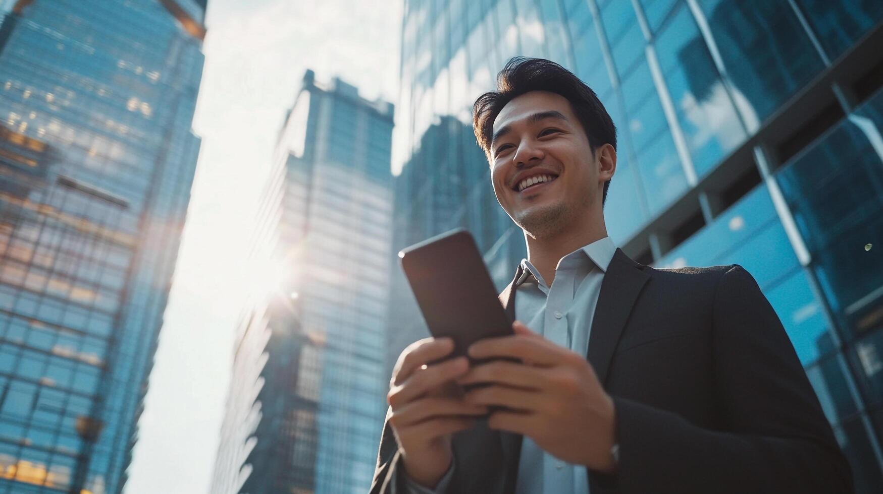 Professional smiles, phone in hand, amidst urban skyscrapers. A modern take on business, connection, and success in the city. photo